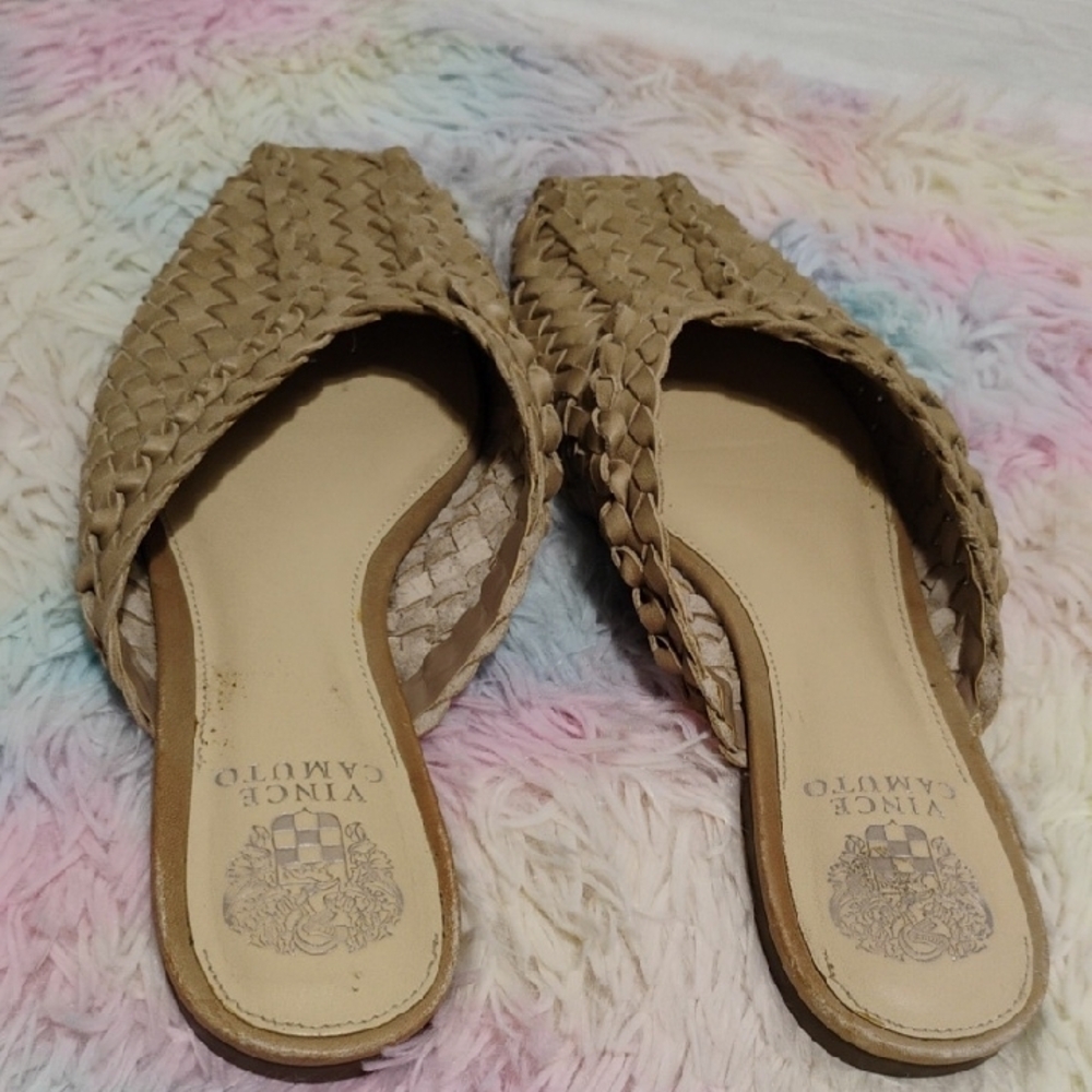 SALE! Vince Camuto Loralee Tan Woven Leather Mules - Picture 12 of 12